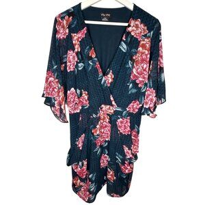 City Chic Floral Surplice Short Dress Blue Pink Peony Print Size 16 Plus